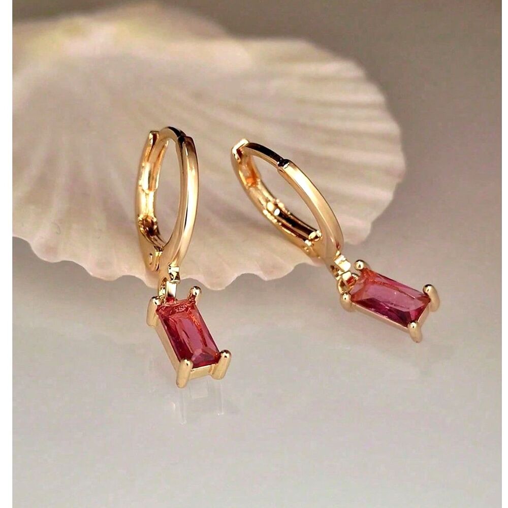 Emerald Cut Pink Zirconia Gold Hoop Earrings Dangle Pendant Drop Crystal Charm - Picture 2 of 4